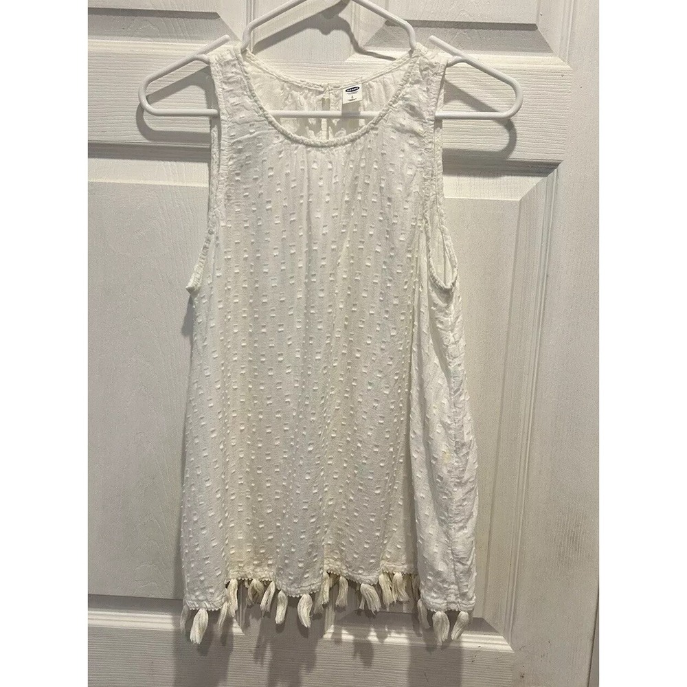 Old Navy Womens White Textured Dobby Dot Tassel Fringe Sleeveless Tank Top Large